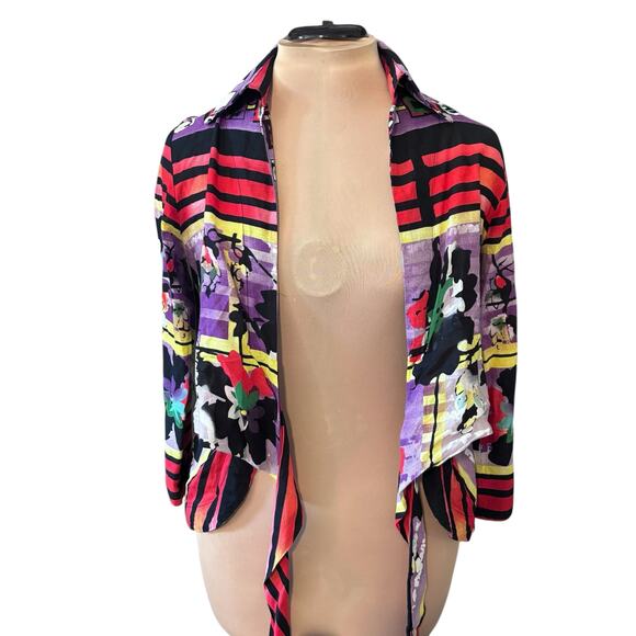 Vintage Mishca Tie Front Popover Blouse Size Medium 3/4 Sleeves Abstract Print - Picture 8 of 10